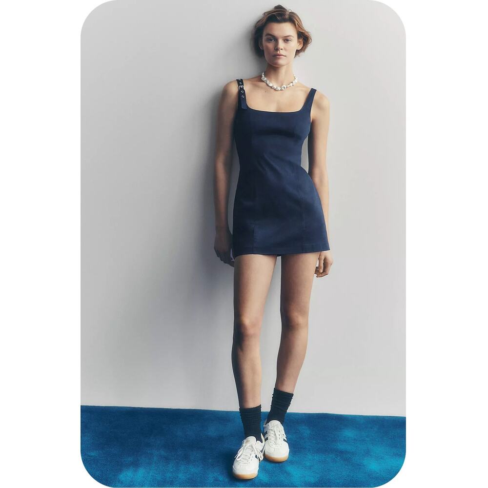 Maeve by Anthropologie Navy Buckle Strap Mini Dress XL Structured Cotton Blend